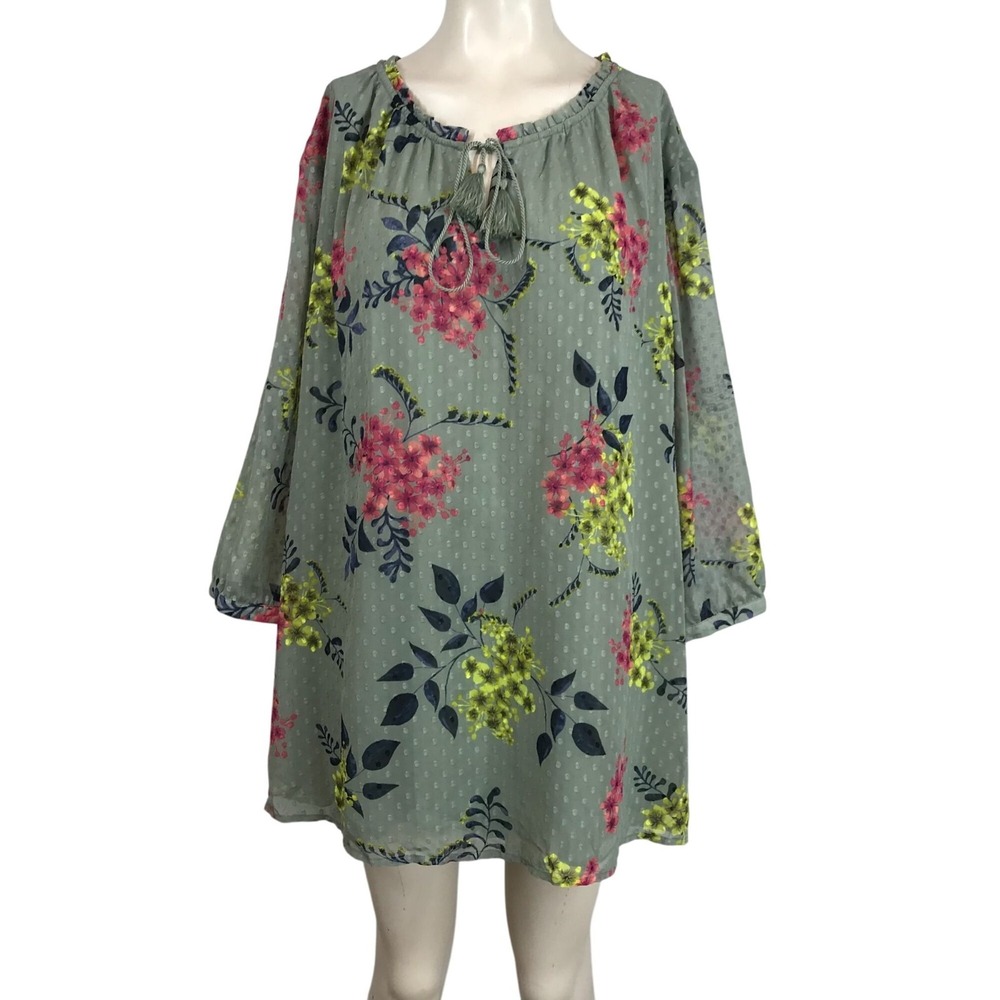CATHERINES - WOMEN'S 3X 26/28W - GREEN FLORAL 3/4 SLEEVE POLYESTER TOP